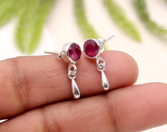 Handmade Ruby Drop Earrings: Sterling Silver Dangle Studs