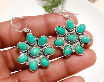 Turquoise Cluster Earrings Sterling Silver Boho Floral Dangle Jewelry