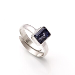 May include: A silver ring with a rectangular, dark blue gemstone. The ring has a simple, elegant design with a polished finish. The gemstone is set in a bezel setting, and the band is adjustable.