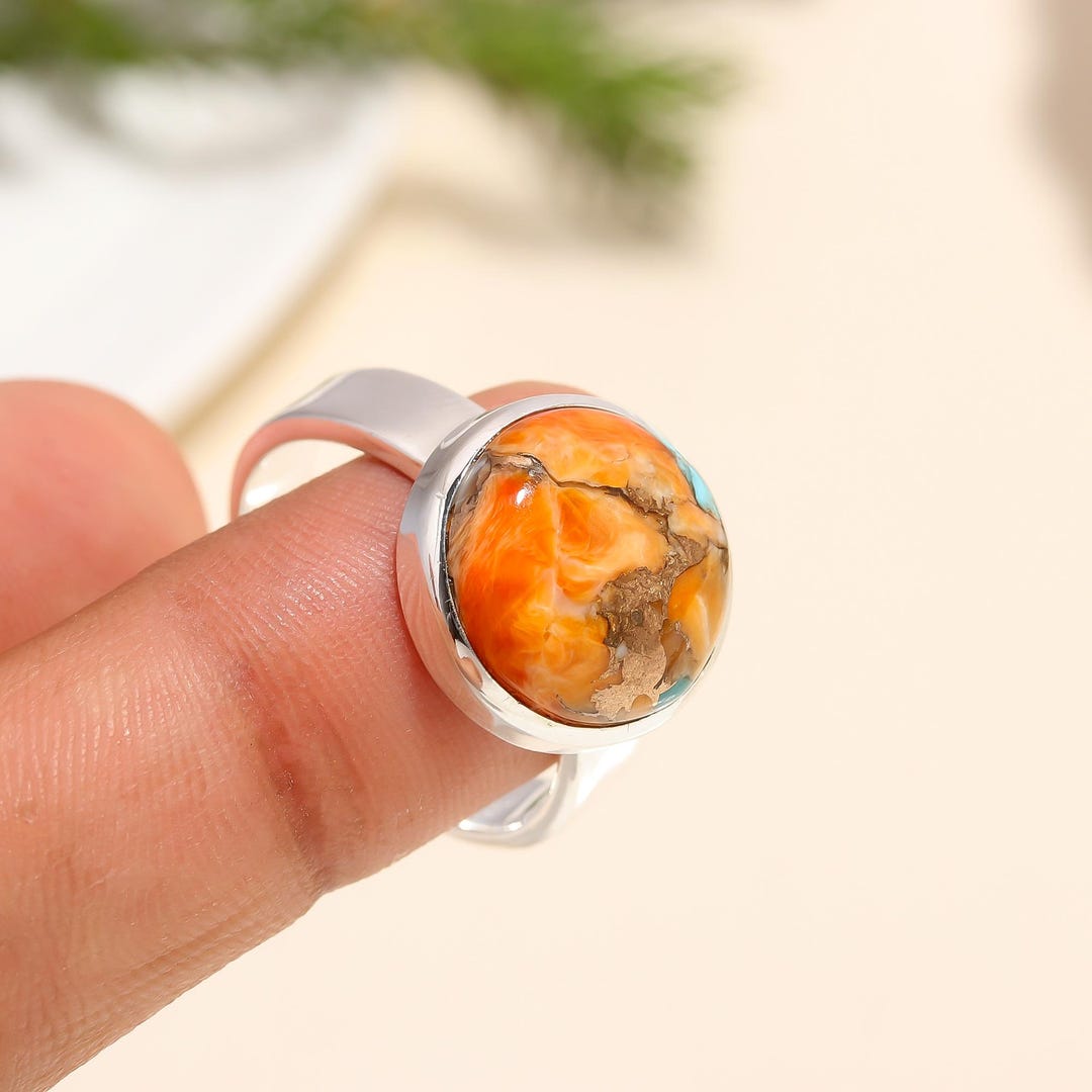 Orange Spiny Oyster Turquoise Ring • Sterling Silver Boho Statement ...