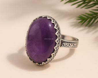 Anello in argento sterling 925 con ametista ovale: gioielli solitari rilassanti