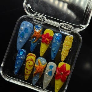 Luxury Coffin Press On Nails: Summer Fake Nails with Glue Tabs-D14