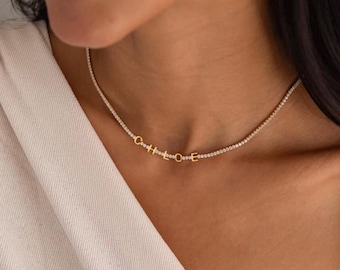 Collana con nome personalizzato e zirconi | Collana tennis personalizzata da donna | Gioielli con nome in oro o argento | Regalo di compleanno per donne