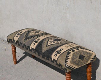 Vintage Kilim Bench Seat - Upholstered Entryway Bench Cushion - Southwestern Tribal Wool Ottoman - Charcoal Grey Geometric Footstool