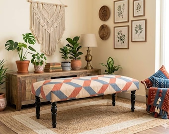 Boho Jute Bench, Handwoven Cotton Upholstered Bench, Rustic Farmhouse Entryway Seat, Tribal Kilim Ottoman Bench