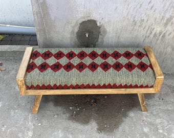Boho Kilim Bench Seat, Handmade Tribal Upholstered Bench, Wooden Entryway Bench, Rustic Farmhouse Furniture