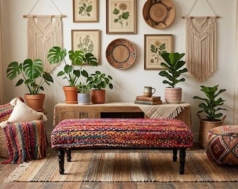 Boho Jute Bench, Handwoven Cotton Upholstered Bench, Rustic Farmhouse Entryway Seat, Tribal Kilim Ottoman Bench