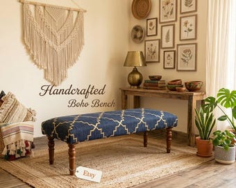 Boho Jute Bench, Handwoven Cotton Upholstered Bench, Rustic Farmhouse Entryway Seat, Tribal Kilim Ottoman Bench