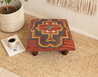 handmade footstool, Handmade Red Colour Footstool, Upholstered Pouf, Wooden Legs Stool, Living Room Decor