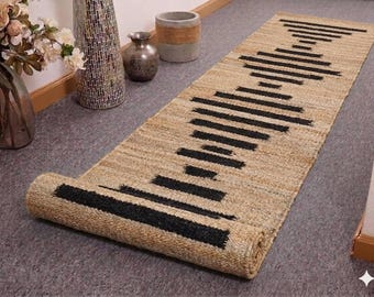 black & white geometric jute runner,Handwoven Geometric Hallway Runner, Modern Boho Farmhouse Rug, Scandinavian Minimalist Carpet