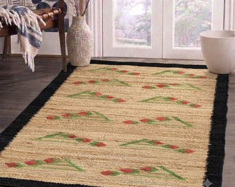Handwoven Jute Area Rug, Floral Jute Rug, Natural Fiber Boho Rug, Rustic Farmhouse Living Room Rug, Eco Friendly Rug ,Handmade Woven Carpet,