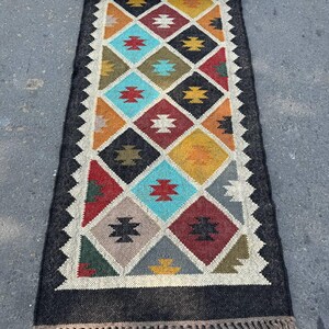 Kilim Runner Rug, Handmade Tribal Runner, Southwestern Hallway Rug, Boho Flatweave Carpet, Geometric Wool Jute Runner, Farmhouse Decor