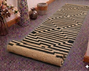black & white geometric jute runner,Handwoven Geometric Hallway Runner, Modern Boho Farmhouse Rug, Scandinavian Minimalist Carpet