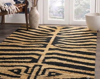 Handmade Zebra Print Jute Rug, Natural Black Area Rug, Woven Eco-Friendly Floor Carpet, Boho Safari Decor, Living Room Bedroom Entryway Rug