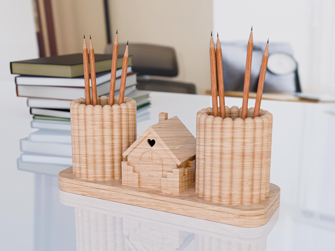3D Printable Pencil Holder With House Design Cute Desk Organizer