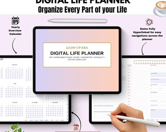 Puede incluir: Planificador de vida digital con el texto "Glow Up Era Digital Life Planner". El planificador incluye un calendario anual, pestañas mensuales y páginas con hipervínculos. Una mano sostiene un lápiz óptico, interactuando con el planificador en una tableta.