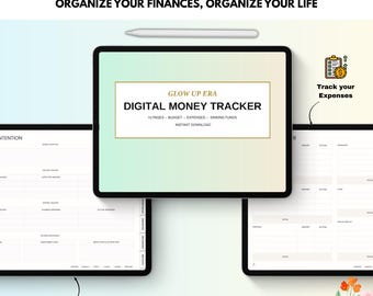 May include: Digital money tracker with the text "SOFT LIFE MONEY TRACKER" and "ORGANIZE YOUR FINANCES, ORGANIZE YOUR LIFE". The tracker includes 15 pages for budget, expenses, and sinking funds. The image also includes the text "List out your financial intention with MONEY INTENTION" and "Track your Expenses".