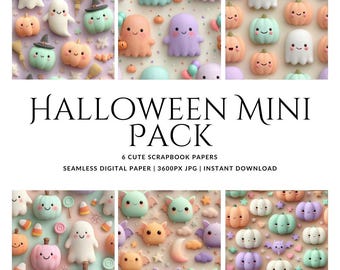 Halloween Seamless Patterns | 6 Pastel Kawaii Digital Papers | Cute Ghosts Pumpkins Bats | Scrapbooking, Crafts, Instant Download JPG