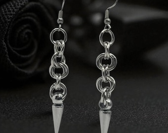 Spike Chainmail Earrings | Gothic Punk Dangle Jewelry | Alternative Style Drop Earrings | Edgy Metal Spiked Earring Gift for Her or Him