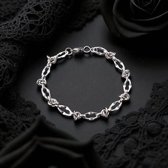 Barbed Wire Bracelet | Dainty Silver Stainless Steel Chain | Adjustable Gothic Bangle for Men and Women | Punk Rock Jewelry | Gift Unisex