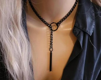 Black Steel Lariat Choker | Wrap Necklace Set | Bar Pendant | Dark Academia Aesthetic | Punk Gothic Handmade Jewelry Gift