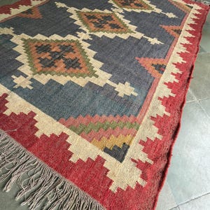 Handwoven Wool Jute Kilim Rug: Bohemian Flatweave Area Rug Navajo Style Large Handmade Indian Dhurrie Rug