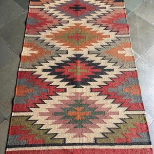 Handwoven Wool Jute Kilim Rug: Bohemian Flatweave Area Rug