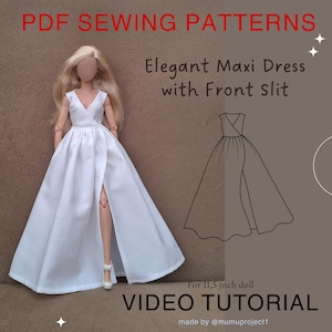 Peut inclure: Une élégante robe longue blanche avec une fente avant, conçue pour une poupée de 29,2 cm. L'image comprend le texte "PDF SEWING PATTERNS" et "VIDEO TUTORIAL". Un dessin au trait de la robe est également présenté.