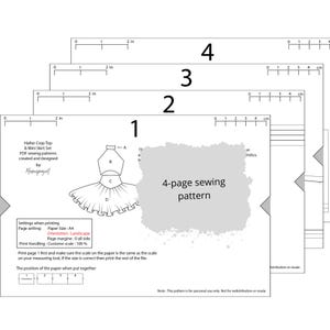 May include: A 4-page sewing pattern for a halter crop top and mini skirt set. The pattern includes a diagram and instructions. The paper size is A4, with a custom scale of 100%. The image also includes rulers with measurements in inches.