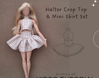May include: A doll wearing a halter crop top and mini skirt set in a tan and white checkered pattern. The image includes text that reads "PDF Sewing Patterns", "Halter Crop Top & Mini Skirt Set", and "VIDEO TUTORIAL".