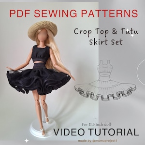 Patron de couture PDF : haut court et tenue tutu pour poupée (poupée 11,5 pouces) + tutoriel vidéo