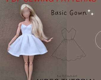 Patrón de costura digital en PDF para muñeca de 29 cm (11,5 pulgadas) - Vestido básico - Videotutorial
