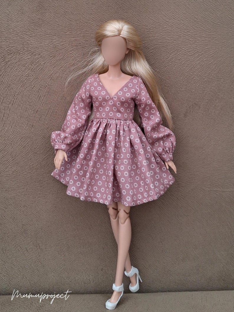 11.5 inch Doll Clothes Sewing Pattern – V-Neck Bishop Sleeve Mini Dress (PDF Download) image 3