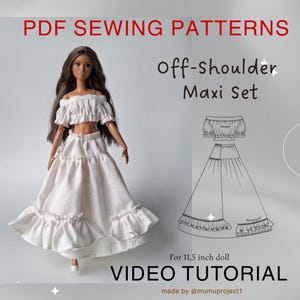 PDF Digital Pattern Off-Shoulder Maxi Set for 11.5 inch doll . Video tutorial