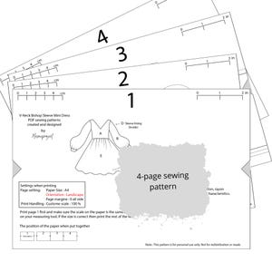 May include: A 4-page PDF sewing pattern for a V-neck bishop sleeve mini dress. The document includes printing instructions, a scale guide in inches, and a diagram showing how to assemble the pages. The text specifies A4 paper size and landscape orientation.