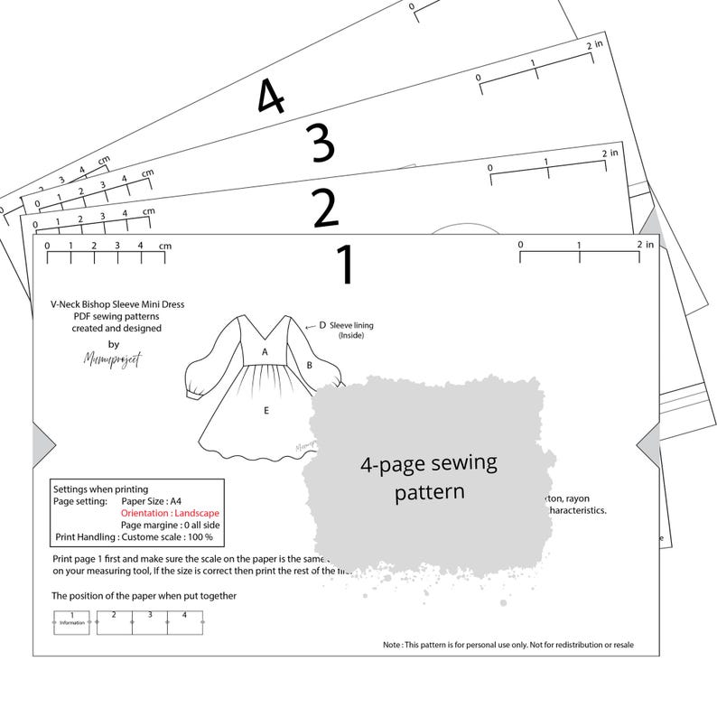 May include: A 4-page PDF sewing pattern for a V-neck bishop sleeve mini dress. The document includes printing instructions, a scale guide in inches, and a diagram showing how to assemble the pages. The text specifies A4 paper size and landscape orientation.