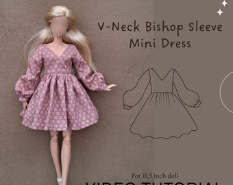 May include: A doll wearing a mauve mini dress with a white floral pattern, V-neck, and bishop sleeves. Text reads: PDF SEWING PATTERNS, V-Neck Bishop Sleeve Mini Dress, For 11,5 inch doll, VIDEO TUTORIAL, made by @mumuproject1.