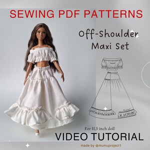 PDF Digital Pattern Off-Shoulder Maxi Set for 11.5 inch doll . Video tutorial