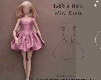 May include: A doll with long blonde hair wearing a pink mini dress with a white star pattern and a bubble hem. The text reads PDF SEWING PATTERNS, Bubble Hem Mini Dress, For 11.5 inch doll, VIDEO TUTORIAL, and made by @mumuproject1.