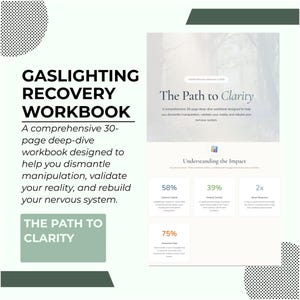 Puede incluir: Un cuaderno de trabajo titulado "Gaslighting Recovery Workbook" con el texto "The Path to Clarity". El cuaderno de trabajo está diseñado para ayudar a desmantelar la manipulación, validar la realidad y reconstruir el sistema nervioso. Incluye estadísticas sobre el impacto del gaslighting.