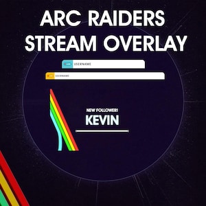 May include: A dark blue stream overlay design with the text "ARC RAIDERS STREAM OVERLAY." It includes sections for usernames and a "NEW FOLLOWER!" notification with the name "KEVIN." A colorful, stylized graphic is also present.