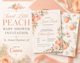 Sweet Little Peach Baby Shower Invitation – Floral Gingham, Editable Canva Template