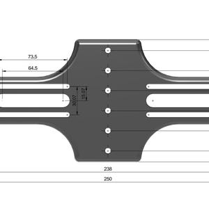May include: A dark gray, symmetrical component with dimensions labeled in inches and millimeters. The design features multiple holes and rectangular cutouts, with overall dimensions of approximately 9.84 inches by 9.37 inches.