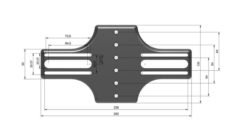 May include: A dark gray, symmetrical component with dimensions labeled in inches and millimeters. The design features multiple holes and rectangular cutouts, with overall dimensions of approximately 9.84 inches by 9.37 inches.