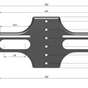 May include: A top-down view of a dark gray, symmetrical metal plate with rounded edges and cut-out sections. Dimensions are provided in inches: 9.4" wide, 5.1" high, and 9.8" long. The plate has multiple holes and slots for mounting.
