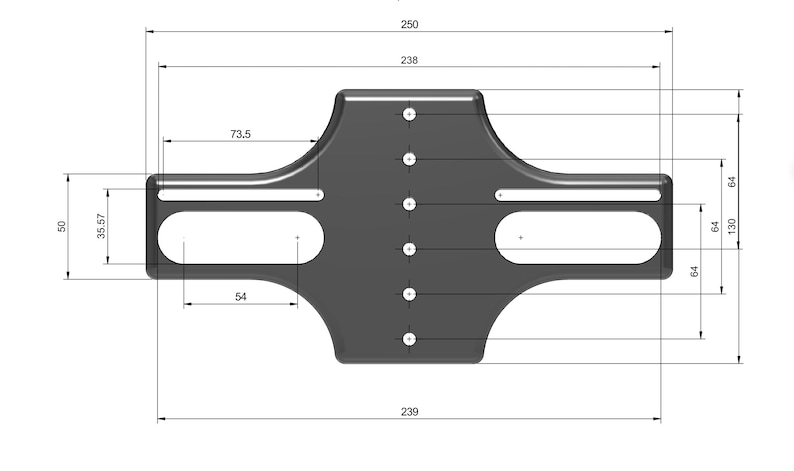May include: A top-down view of a dark gray, symmetrical metal plate with rounded edges and cut-out sections. Dimensions are provided in inches: 9.4" wide, 5.1" high, and 9.8" long. The plate has multiple holes and slots for mounting.