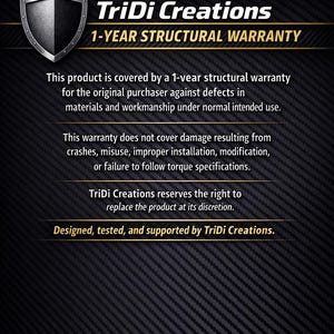 Może przedstawiać: Ciemne tło z logo tarczy i tekstem "TriDi Creations" oraz "1-YEAR STRUCTURAL WARRANTY". Gwarancja obejmuje wady materiałowe i wykonawcze w normalnych warunkach użytkowania.