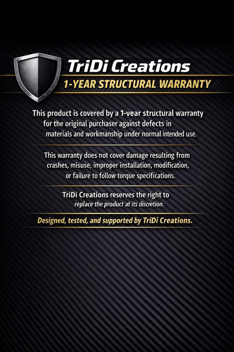 Może przedstawiać: Ciemne tło z logo tarczy i tekstem "TriDi Creations" oraz "1-YEAR STRUCTURAL WARRANTY". Gwarancja obejmuje wady materiałowe i wykonawcze w normalnych warunkach użytkowania.
