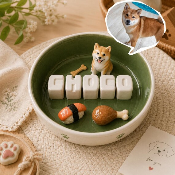 Custom Ceramic Pet Bowl, Handmade Dog Cat Food Bowl with Figurine