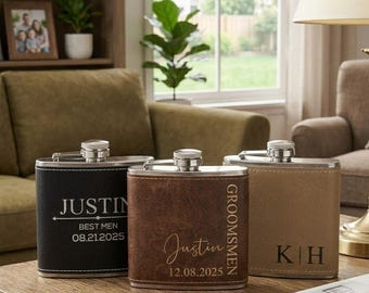 Petaca personalizada forrada en cuero, regalo personalizado para padrinos de boda, herramienta de hidratación de acero inoxidable.